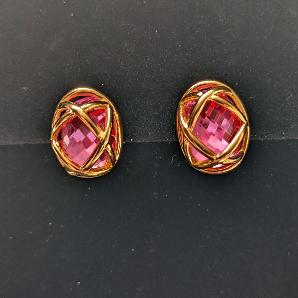 Joan Rivers Pink Cabochon Gold Tone Cage Earrings Pierced French Clip Vintage